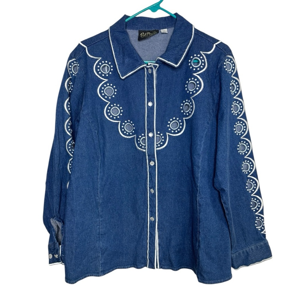 Bob Mackie Wearable Art Blue Chambray Eyelet Buttoned Blouse Large Flaw